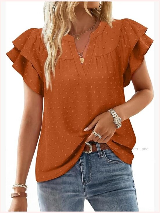 Tops - Womens Ruffle Sleeve V Neck Swiss Dot Blouse Summer Short Sleeve Top